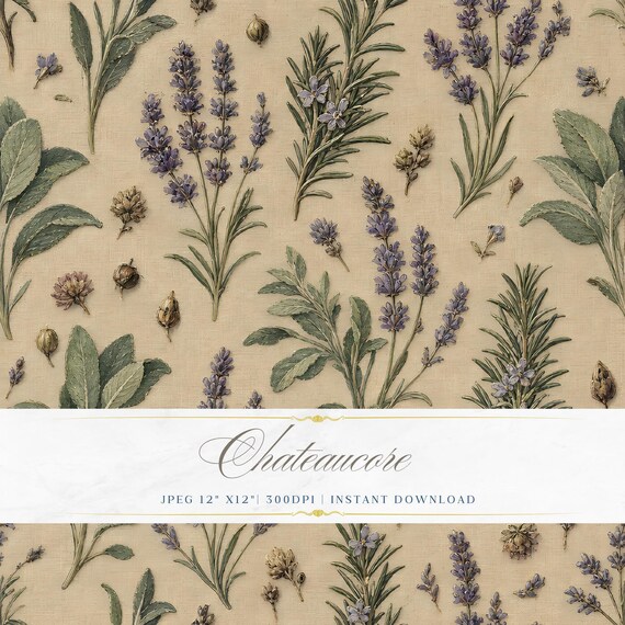 Antique Lavender Botanical Seamless Pattern, Herbarium Digital Paper, Provence Tile