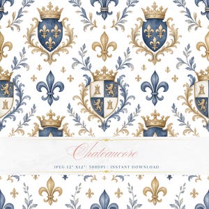 May include: A seamless pattern featuring heraldic elements in blue, gold, and white. The design includes fleur-de-lis, crowns, and crests with lions and castle motifs. The text "Chateaucore" is visible at the bottom.