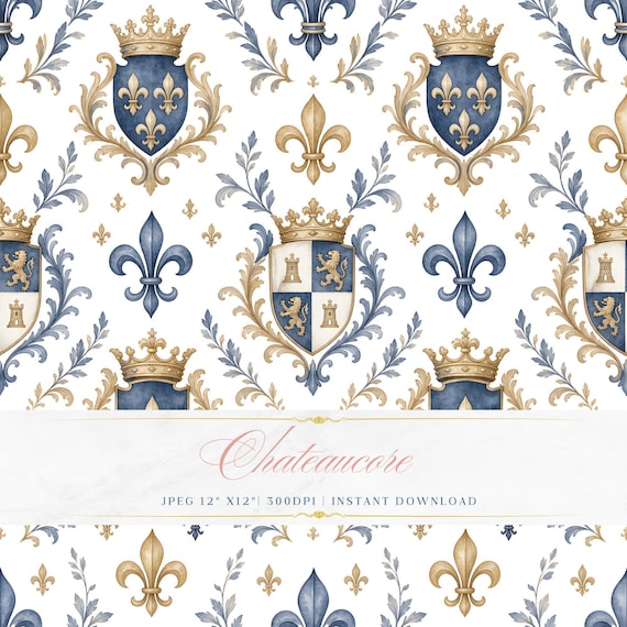 French Heraldic Seamless Pattern, Watercolor Fleur de Lis Digital Paper, Crest Tile