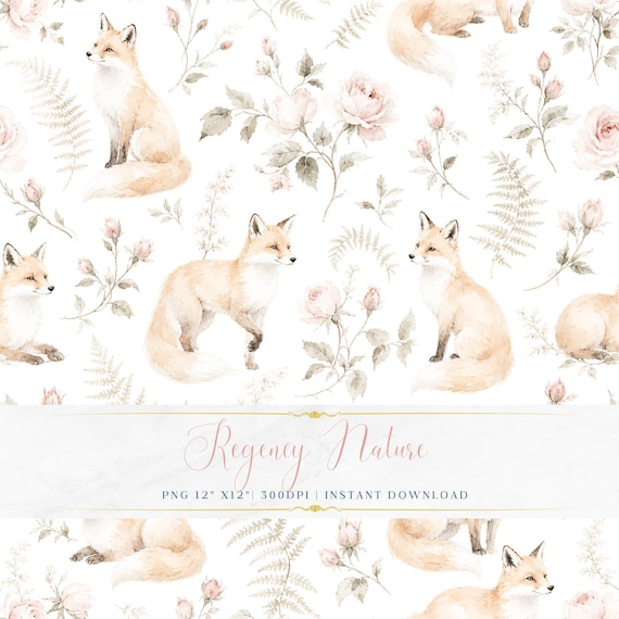 Vintage Nature Seamless PNG Romantic Fox and Botanical Wallpaper Printable Scrapbook Pattern
