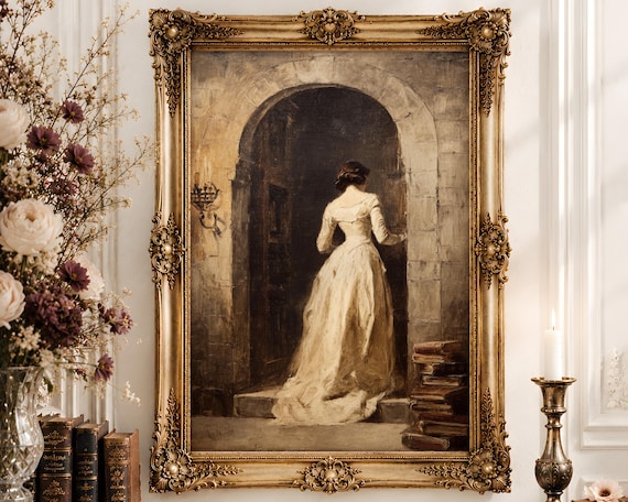 Gothic Arch Woman Wall Art | Stone Castle Door Oil Painting Print | Dark Romantic Mysterious Feminine Decor Digital Download