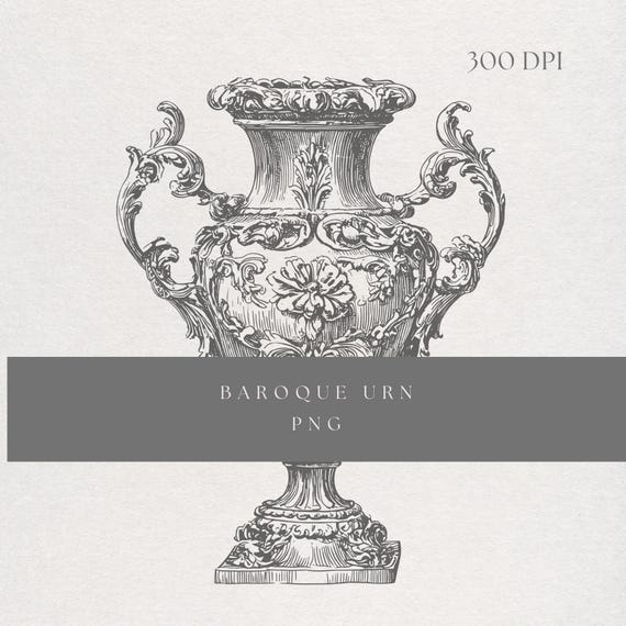 Baroque Urn Clipart PNG | Fine Line Ornate Vase Illustration | Transparent Background | Digital Download Classical Vessel Art