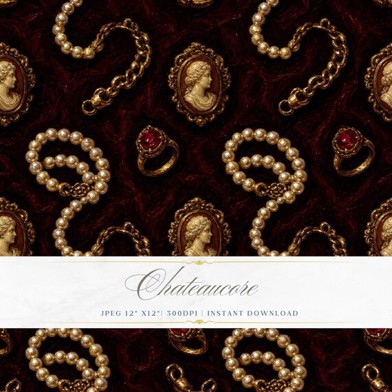 Antique Pearl Cameo Jewel Seamless Pattern, Dark Boudoir Digital Paper, Vintage Jewellery Tile