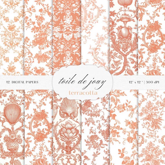 Terracotta Toile de Jouy Patterns – Baroque PNG Graphics (Digital Download)