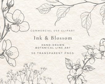 Paquete de imágenes prediseñadas de líneas finas, 50 flores minimalistas, PNG de flores de primavera, arte de flor de manzano, arte botánico lineal, flores de líneas negras, PNG de boda