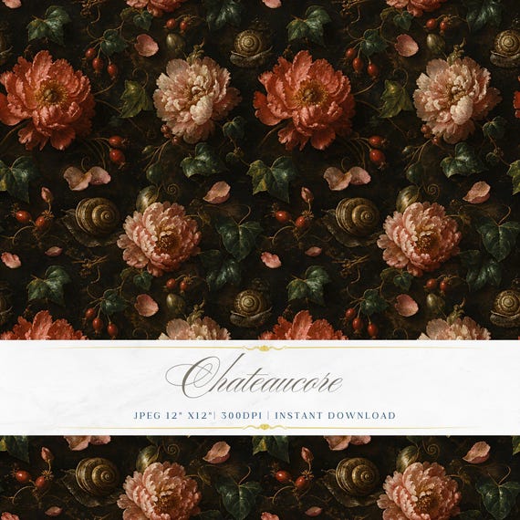 Dark Peony Seamless Pattern JPEG Oil Painting Floral Chateaucore Moody Digital Paper Download