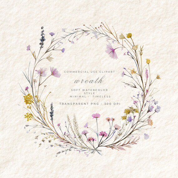 Wildflower Wreath PNG Clipart, Watercolor Floral Frame Transparent Background, Wedding Invitation Digital Download, Commercial Use