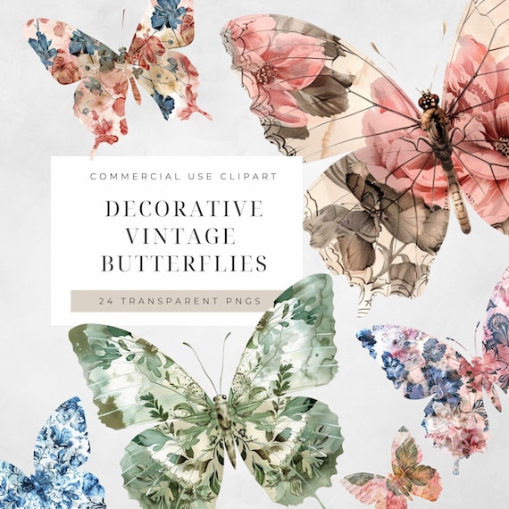 Vintage Butterflies Clipart Pack | 24 Transparent Floral Butterflies PNGs | Designs for Crafts & DIY Projects