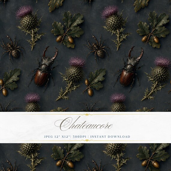 Dark Botanical Insect Seamless Pattern JPEG Oil Painting Thistle Beetle Chateaucore Digital Download