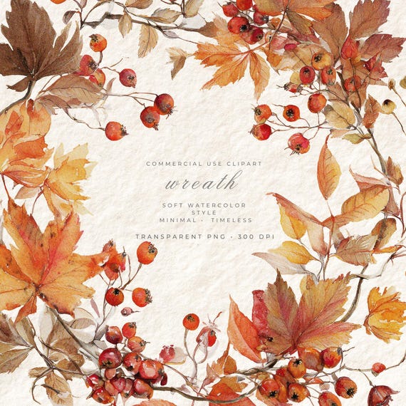 Autumn Leaves Wreath PNG, Watercolor Flower Frame Clipart, Wedding Logo Frame, Baby Shower Invitation Border, Botanical Circle Design