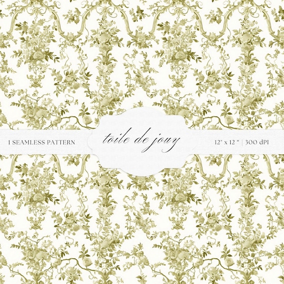 Olive Green Toile De Jouy Pattern | Baroque Floral Art (Digital Download)