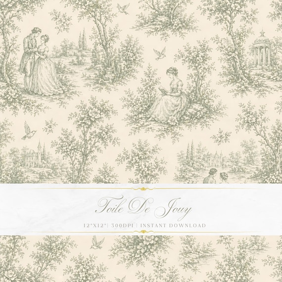Sage Green Toile de Jouy Pattern, Romantic Garden Scene, Vintage Seamless Digital Paper
