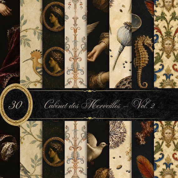 Renaissance Seamless Patterns Bundle | 30 Dark Baroque Digital Papers | Cabinet of Curiosities Antique JPEGs
