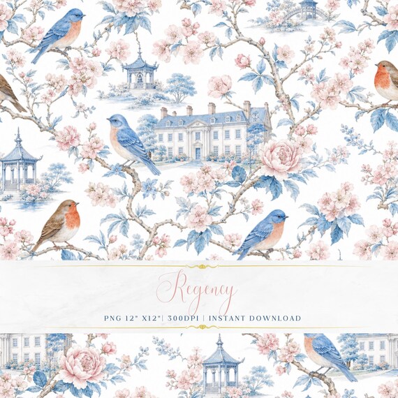 Vintage Floral and Birds Digital Paper PNG Seamless Romantic Cottagecore Wallpaper Background Pattern