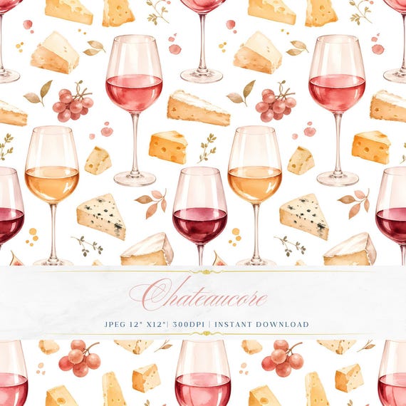 Wine Cheese Watercolor Seamless Pattern, French Cellar Digital Paper, Aperitif Tile
