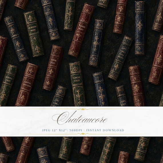 Dark Book Spine Seamless Pattern JPEG Oil Painting Library Wall Chateaucore Digital Download