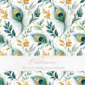 May include: Watercolor pattern featuring peacock feathers in teal, gold, and blue, interspersed with leafy branches and gold dots on a white background. The text "Chateaucore" is displayed in a banner at the bottom.
