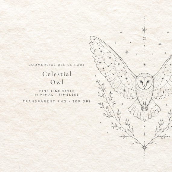 Celestial Owl PNG, Owl in Flight Fine Line Art Digital Download, Mystical Night Owl Clipart, Dark Academia Wall Art Printable File