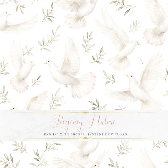 Vintage Nature Seamless PNG Romantic Doves and Botanical Wallpaper Printable Scrapbook Pattern
