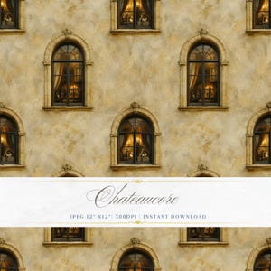 May include: A repeating pattern of arched windows with dark frames and ornate detailing. Each window reveals a glimpse of a warmly lit interior with curtains and what appears to be candles. The background is a textured, beige wall. The text "Chateaucore" is displayed.