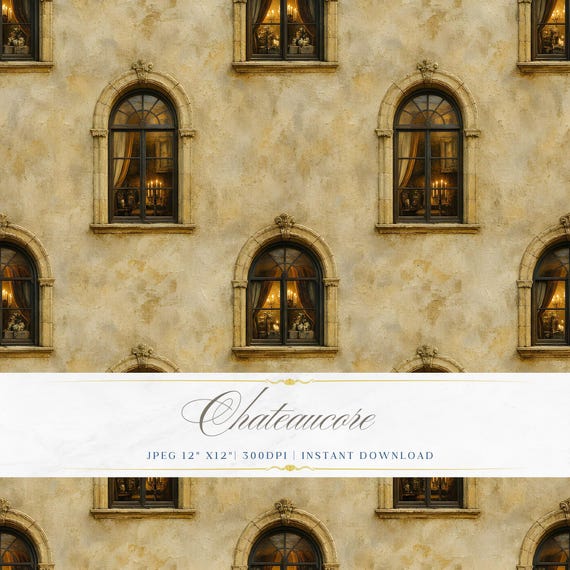 Antique Arched Window Seamless Pattern, Golden Interior Digital Paper, Medieval Hall Tile