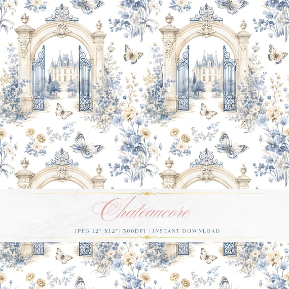 Château Gate Watercolor Seamless Pattern, Blue Architectural Digital Paper, Iron Gate Tile