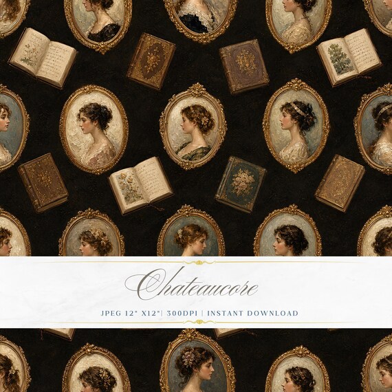 Female Portrait Seamless Pattern JPEG Oil Painting Dark Medallion Chateaucore Digital Download