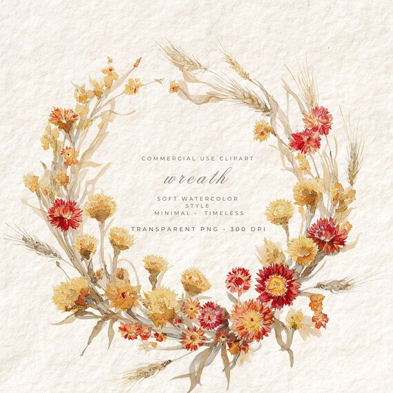 Stawflowers Wreath PNG Watercolor, Transparent Background Clipart, Digital Art Commercial Use, Boho Botanical Download