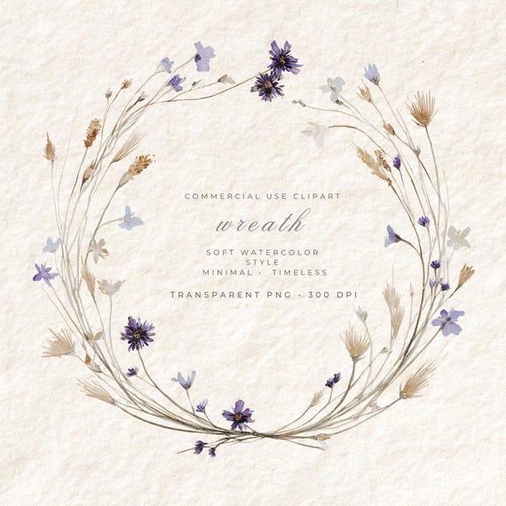 Wildflower Wreath PNG Junk Journal Clipart, Watercolor Transparent Floral Art, Card Making Scrapbook Digital Download, Commercial Use
