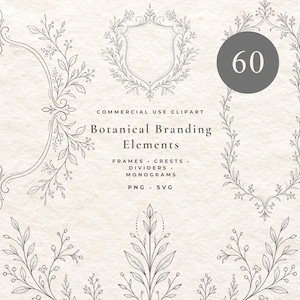 Può includere: Una collezione di elementi di branding botanico in arte lineare nera che include cornici, stemmi, divisori e monogrammi. Il testo recita 60, Commercial Use Clipart, Botanical Branding Elements, Frames, Crests, Dividers, Monograms, PNG, SVG.