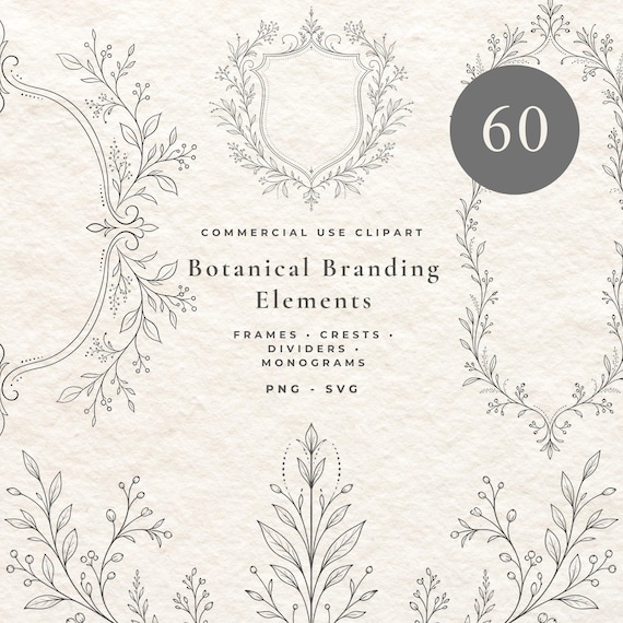 60 Botanical Branding Elements SVG Bundle, Wedding Crest, Monogram Frame, Floral Logo Kit, Luxury Divider, Cricut PNG