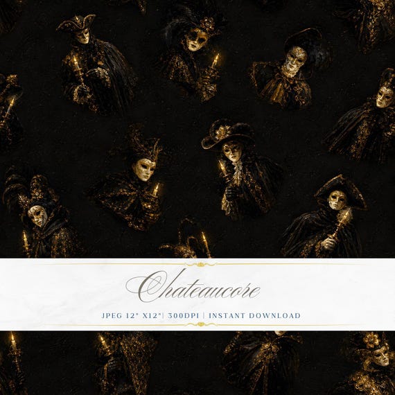 Venetian Mask Dark Seamless Pattern, Masquerade Digital Paper, Gothic Carnival Tile