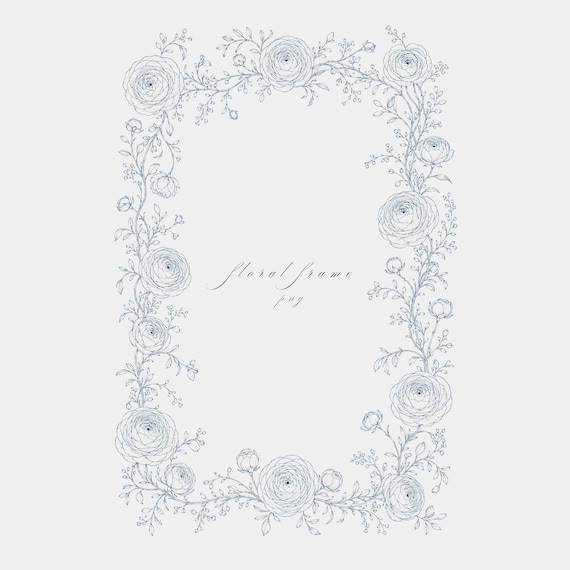 Ranunculus Greenery Frame PNG | Fine Line Pencil Clipart | Wedding Stationery | Transparent | 300 DPI