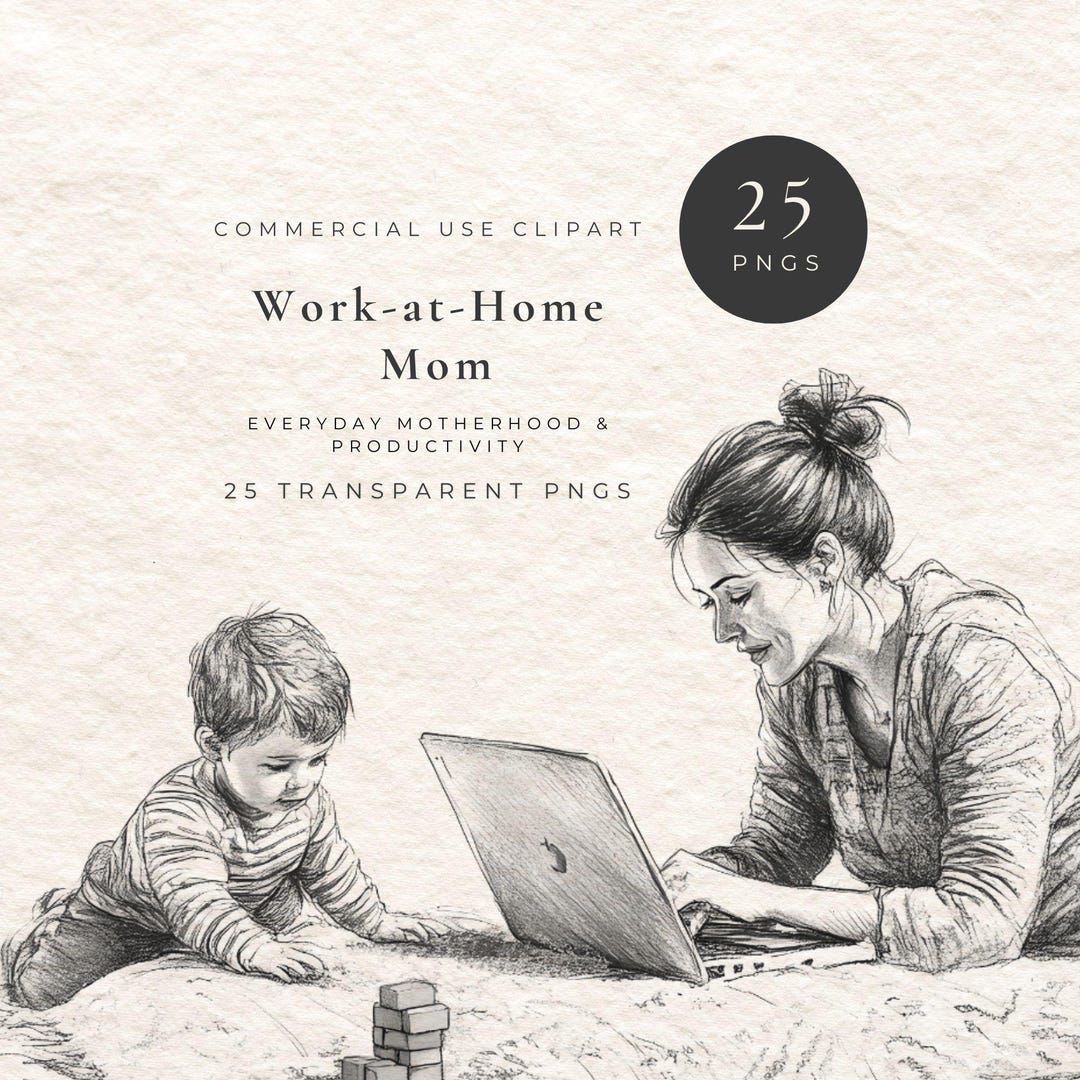 Work at Home Mom Clipart | Fine Line Sketch Pngs | Busy Mom Working ...