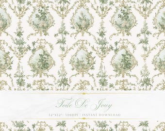 Sage Green Toile de Jouy Pattern | Baroque Floral Art (Digital Download)