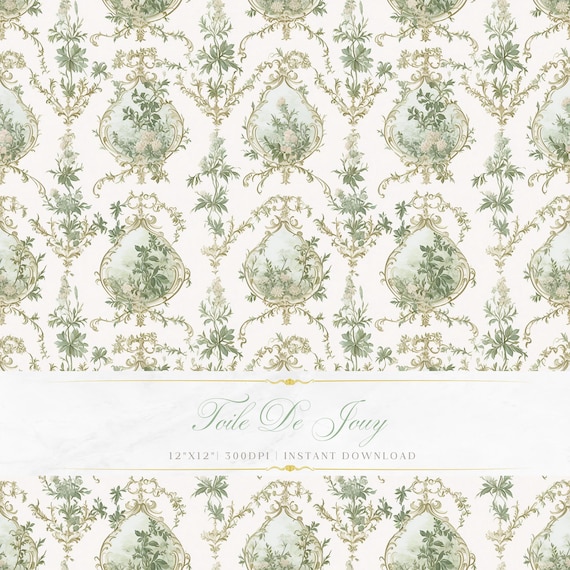 Sage Green Toile de Jouy Pattern | Baroque Floral Art (Digital Download)