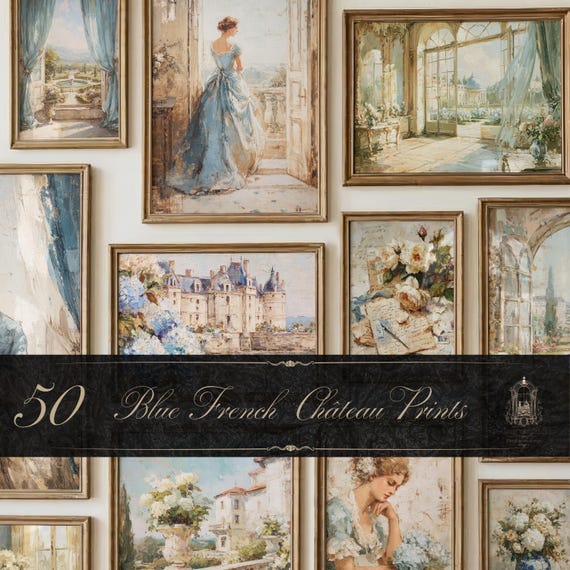 50 Blue French Chateau Wall Art Prints, Vintage Blue Decor Bundle, Old Money Gallery Wall, French Country Art, Antique Oil Paintings
