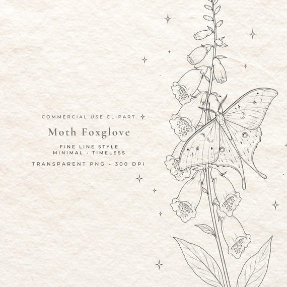 Moth and Foxglove PNG, Botanical Insect Fine Line Art Digital Download, Cottagecore Garden Clipart, Dark Academia Wall Art File