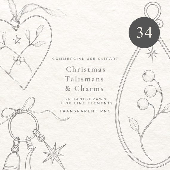 Christmas Talismans & Charms Clipart PNG, Victorian Celestial Illustrations, Vintage Moon Star Amulets, Fine Line Holiday Graphics