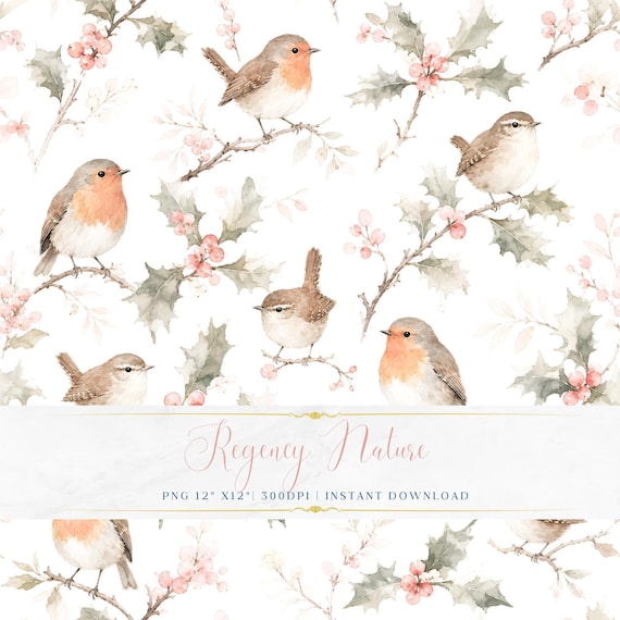 Romantic Soft Watercolor Birds Seamless PNG Soft Floral Design Printable Wallpaper Pattern