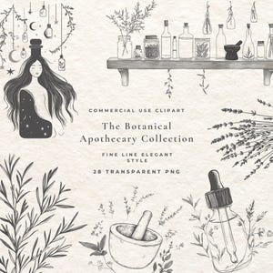 Ensemble d'images clipart d'apothicaire, PNG vintage d'herbes aromatiques, illustrations de flacons de potions, graphismes de pharmacie botanique, kit de marque cottagecore, 28 PNG