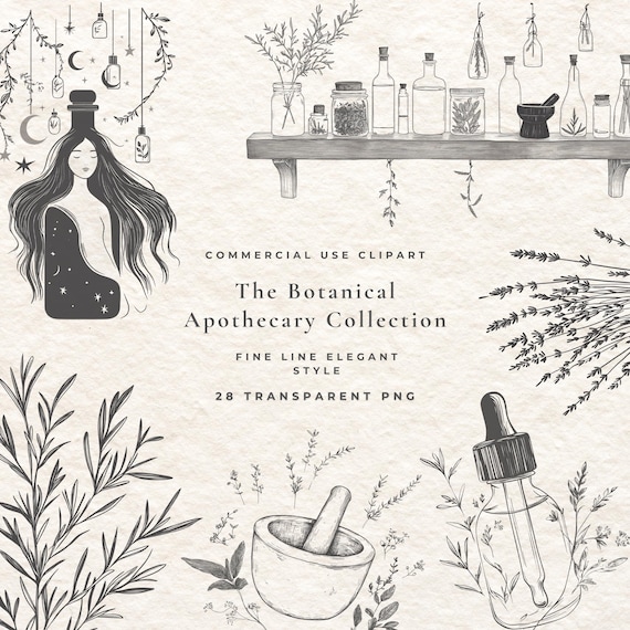 Apothecary Clipart Bundle, Vintage Herbal PNG, Potion Bottle Line Art, Botanical Pharmacy Graphics, Cottagecore Branding Kit, 28 PNG