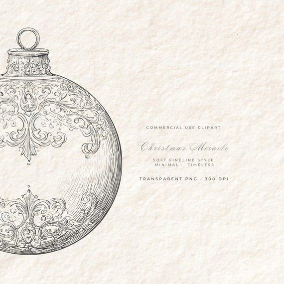 Minimal Ornament Clipart Bundle, Christmas Baubles PNG, Fine Line Holiday Decorations, Canva Elements