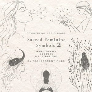 Op de afbeelding: Een set van 24 handgetekende illustraties van vrouwelijke symbolen, waaronder godinnen, sterren en manen. De illustraties zijn in zwart-wit en hebben een minimalistische stijl. De tekst "Sacred Feminine Symbols 2" staat bovenaan de afbeelding. De tekst "HAND-DRAWN GODDESS ILLUSTRATIONS" staat onder de titel. De tekst "24 TRANSPARENT PNGS" staat onderaan de afbeelding.