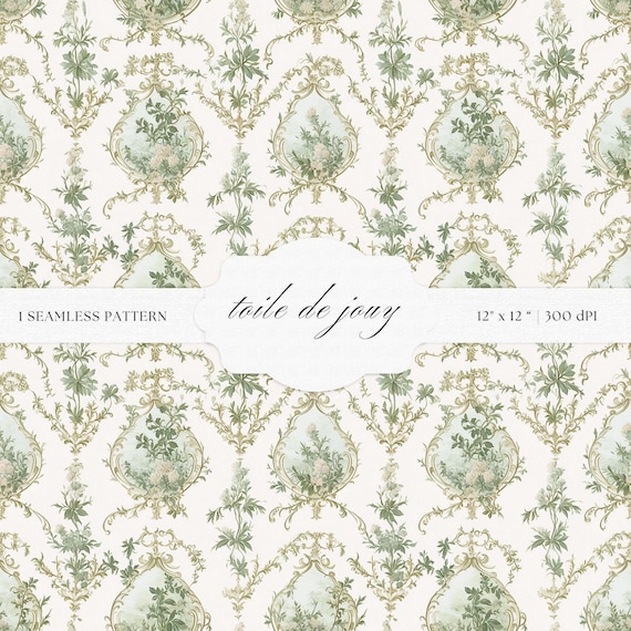 Sage Green Toile de Jouy Pattern | Baroque Floral Art (Digital Download)