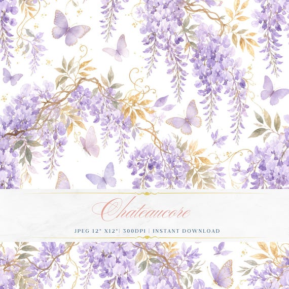 Wisteria Butterfly Watercolor Seamless Pattern, Lilac Digital Paper, Botanical Tile