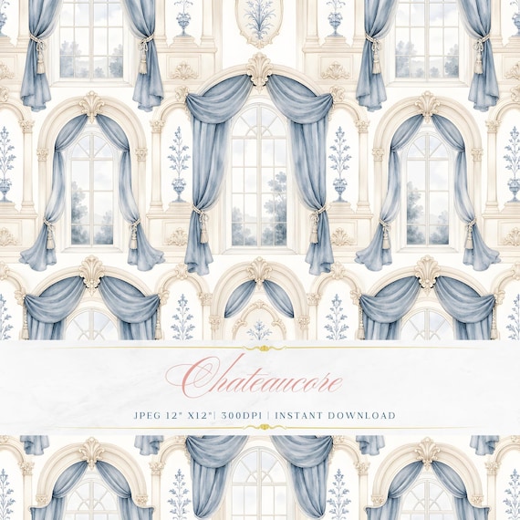 Château Window Curtain Watercolor Seamless Pattern, French Interior Digital Paper, Drape Tile