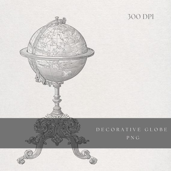 Globe Clipart PNG | Fine Line Antique Decorative Globe | Transparent Background | Digital Download Vintage World Map Art