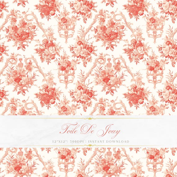 Red Toile De Jouy Pattern | Floral Baroque Art (Digital Download)