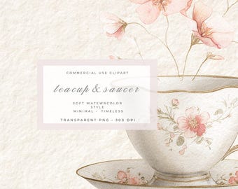 Floral Teacup PNG Clipart, Vintage Tea Cup with Flowers, Cottagecore Tea Illustration, Shabby Chic Cup, Romantic Botanical Printable